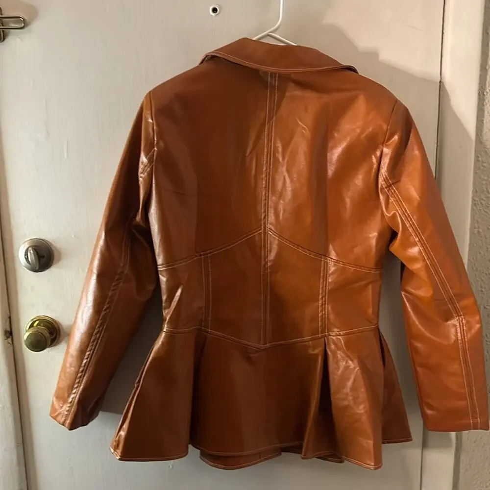 Pressed Brown Zip Up Peplum PU Jacket Swing Coat XL Boho Indie Rocker Glam Retro - Picture 6 of 12